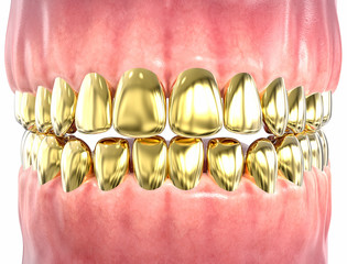 3D Isolated Golden Teeth. Tooths Dentistry Care Concept.