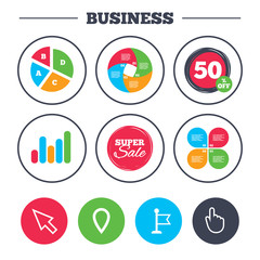 Business pie chart. Growth graph. Mouse cursor icon. Hand or Flag pointer symbols. Map location marker sign. Super sale and discount buttons. Vector