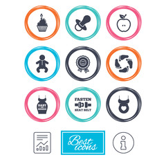 Pregnancy, maternity and baby care icons. Apple, award and pacifier signs. Footprint, birthday cake and newborn symbols. Report document, information icons. Vector