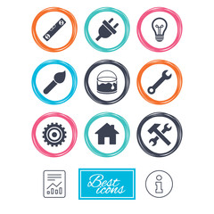 Repair, construction icons. Hammer, wrench tool and cogwheel signs. Electric plug, lamp and house symbols. Report document, information icons. Vector