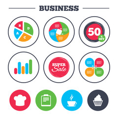 Business pie chart. Growth graph. Coffee cup icon. Chef hat symbol. Muffin cupcake signs. Document file. Super sale and discount buttons. Vector