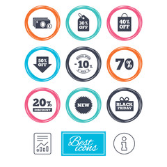Sale discounts icon. Shopping, black friday and cash money signs. 10, 20, 50 and 70 percent off. Special offer symbols. Report document, information icons. Vector