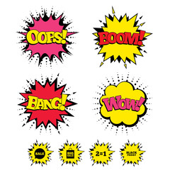 Comic Boom, Wow, Oops sound effects. Sale speech bubble icons. Two equals one. Black friday sign. Big sale shopping bag symbol. Speech bubbles in pop art. Vector