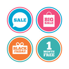 Sale speech bubble icon. Black friday gift box symbol. Big sale shopping bag. First month free sign. Colored circle buttons. Vector