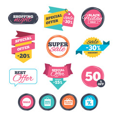 Sale stickers, online shopping. Sale speech bubble icon. Black friday gift box symbol. Big sale shopping bag. Discount percent sign. Website badges. Black friday. Vector
