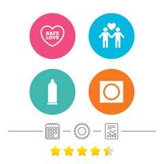 Condom safe sex icons. Lovers Gay couple signs. Male love male. Heart symbol. Calendar, cogwheel and report linear icons. Star vote ranking. Vector