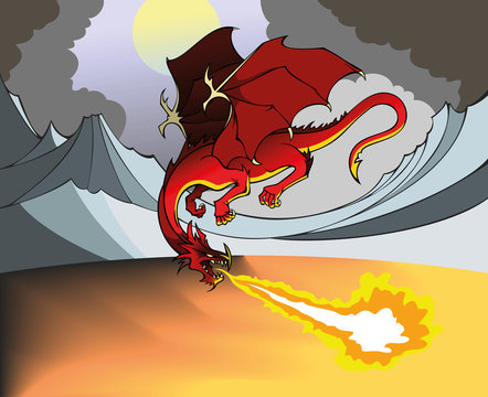 Flying Dragon breathing out fire, dismal landscape, vector illustration