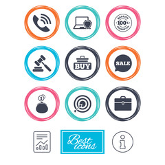 Online shopping, e-commerce and business icons. Auction, phone call and sale signs. Cash money, case and target symbols. Report document, information icons. Vector