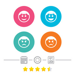 Circle smile face icons. Happy, sad, cry signs. Happy smiley chat symbol. Sadness depression and crying signs. Calendar, cogwheel and report linear icons. Star vote ranking. Vector