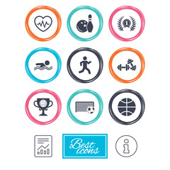 Sport games, fitness icons. Football, basketball and bowling signs. Swimming, runner and winner award symbols. Report document, information icons. Vector