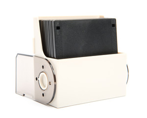 Obraz premium Floppy disk organizer case filled with diskettes, isolated