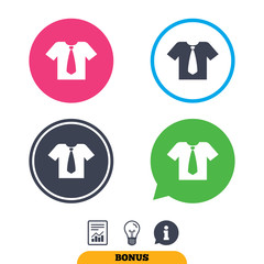 Shirt with tie sign icon. Clothes with short sleeves symbol. Report document, information sign and light bulb icons. Vector