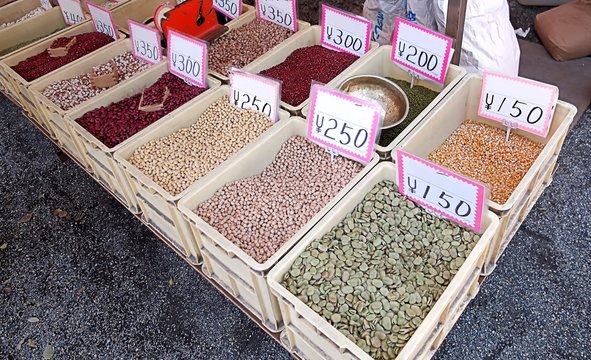 Different kinds of beans and chickbeans on japanese stall