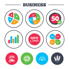 Business pie chart. Growth graph. Tractor icons. Wreath of Wheat corn signs. Agricultural industry transport symbols. Super sale and discount buttons. Vector