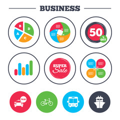 Business pie chart. Growth graph. Transport icons. Taxi car, Bicycle, Public bus and Ship signs. Shipping delivery symbol. Speech bubble sign. Super sale and discount buttons. Vector