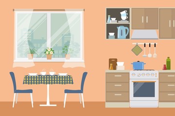 Kitchen in orange color. There is a furniture of a beige color, a stove, a table, two chairs and other objects in the picture. Vector flat illustration