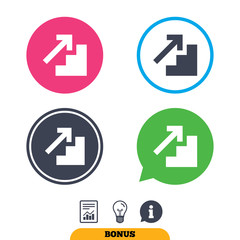 Upstairs icon. Up arrow sign. Report document, information sign and light bulb icons. Vector