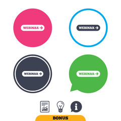 Webinar with arrow sign icon. Web study symbol. Website e-learning navigation. Report document, information sign and light bulb icons. Vector