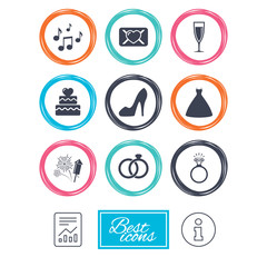 Wedding, engagement icons. Cake with heart, gift box and vow love letter signs. Dress, fireworks and musical notes symbols. Report document, information icons. Vector