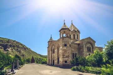 Fototapeta na wymiar View of ancient stone church. Exploring Armenia