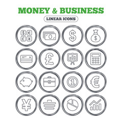 Money and business icons. Cash and cashless money. Usd, eur, gbp and jpy currency exchange. Presentation, calculator and shopping cart symbols. Circle flat buttons with linear icons. Vector