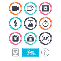 Photo, video icons. Camera, photos and frame signs. Flash, timer and landscape symbols. Report document, information icons. Vector