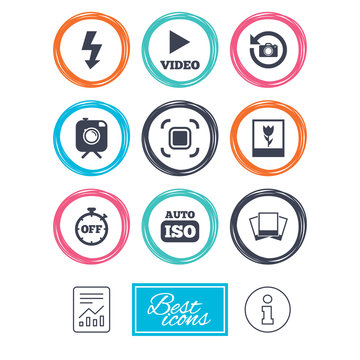 Photo, video icons. Camera, photos and frame signs. Flash, timer and macro symbols. Report document, information icons. Vector