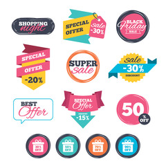 Sale stickers, online shopping. Sale gift box tag icons. Discount special offer symbols. 30%, 50%, 70% and 90% percent off signs. Website badges. Black friday. Vector