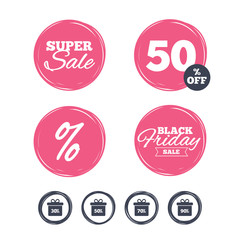 Super sale and black friday stickers. Sale gift box tag icons. Discount special offer symbols. 30%, 50%, 70% and 90% percent discount signs. Shopping labels. Vector