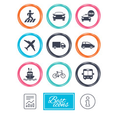 Transport icons. Car, bike, bus and taxi signs. Shipping delivery, pedestrian crossing symbols. Report document, information icons. Vector