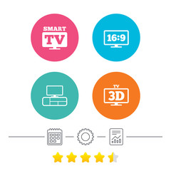 Smart TV mode icon. Aspect ratio 16:9 widescreen symbol. 3D Television and TV table signs. Calendar, cogwheel and report linear icons. Star vote ranking. Vector