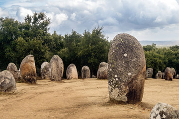 Almendres cromlech. Evora, Portugal. It is one of the most important megalithic monuments of the...