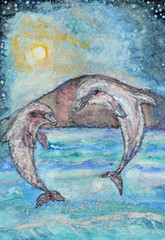 Dolphins jumping out of water at night to look at the full moon. A hand drawn image (gouache)