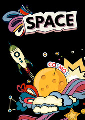 Cartoon vector illustration of space. Moon, planet, rocket, earth, cosmonaut, comet, universe Classification milky way Hand drawn Comics cosmos
