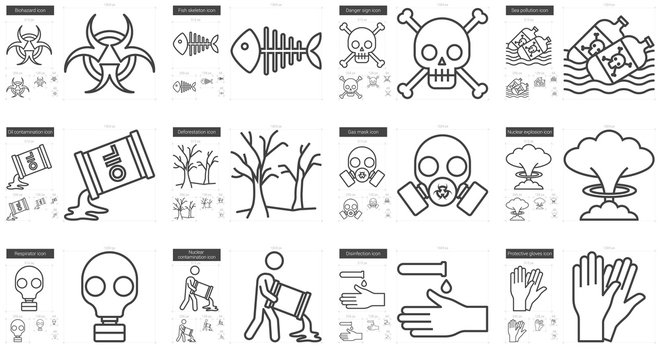 Ecology biohazard line icon set.