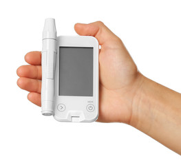 Male hand holding glucometer isolated on white