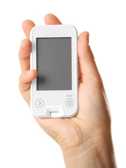 Male hand holding glucometer isolated on white