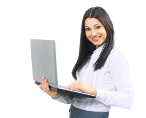 portrait of a woman administrator with laptop on white background