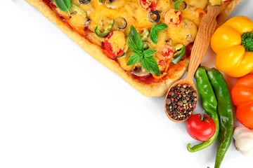 Foto op Plexiglas Specerijen Delicious pizza with ingredients on white background