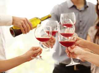 Female hands toasting with glasses of red wine, closeup