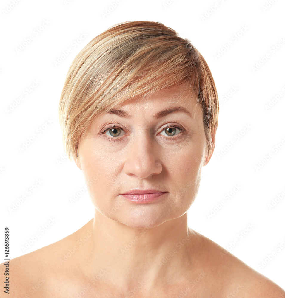 Sticker Portrait of senior adult woman, isolated on white