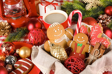 Tasty Christmas cookies in basket, closeup