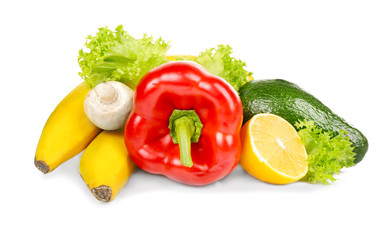 Group of fresh vegetables and fruits on white background