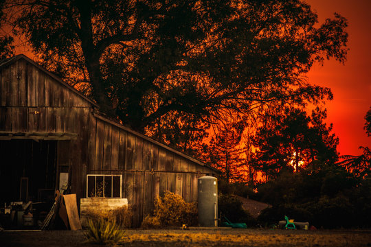 Red sunset in rural California