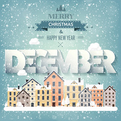 December month,winter cityscape.City silhouettes.Town skyline. Panorama. Midtown houses.New year,christmas.Holidays in January February.