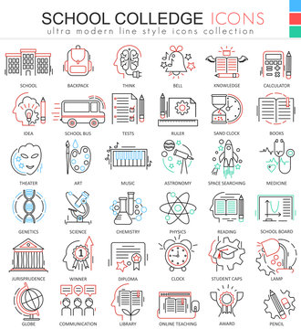 Vector School and colledge ultra modern outline line icons for apps and web design. School sybols for app and web.