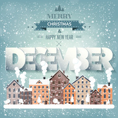 December month,winter cityscape.City silhouettes.Town skyline. Panorama. Midtown houses.New year,christmas.Holidays in January February.