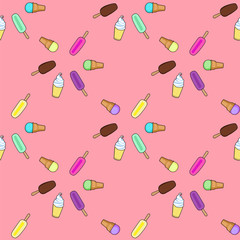 Ice cream, popsicle, frozen yogurt seamless vector pattern on pink background