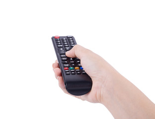 hand with tv remote control isolated on white