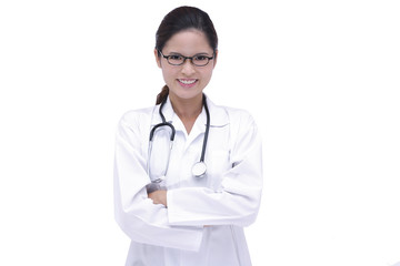 Fototapeta premium Female doctor in lab coat, arms crossed, smiling